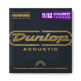 The image shows a package of Dunlop Acoustic guitar strings from the True Balance Phosphor Bronze series in Custom Light gauge (11-52). The packaging features Dunlop’s gold logo on a dark background with purple accents. It highlights precision-engineered phosphor bronze strings with gauges 11, 15, 22, 32, 42, and 52, promoting balanced tone, volume, and feel for acoustic guitars.