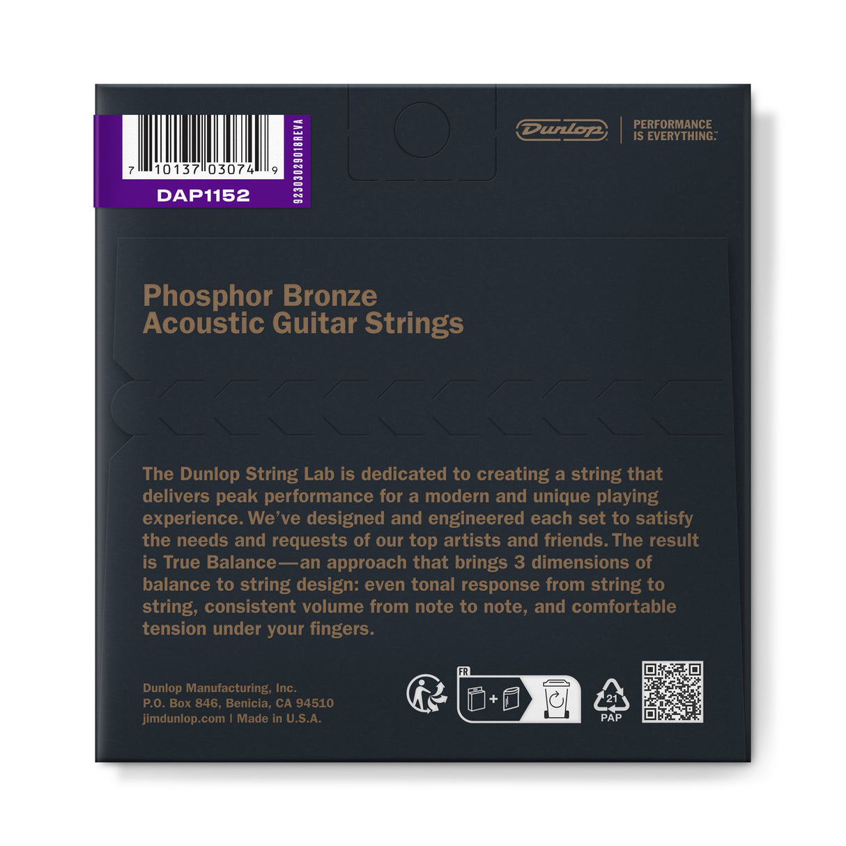 The image shows a package of Dunlop Phosphor Bronze Acoustic Guitar Strings (model DAP1152) with sleek black and bronze design. It highlights Dunlop’s "True Balance" and "String Lab" features for even tonal response, consistent volume, and comfortable tension. Made in the USA by Dunlop Manufacturing, Inc. in Benicia, CA. The package includes a barcode, QR code, and recycling symbols.