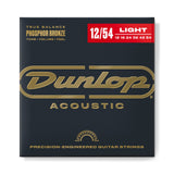 The image shows a package of Dunlop Acoustic Guitar Strings in Phosphor Bronze, labeled "True Balance." It features a dark navy background with gold Dunlop branding and a red banner indicating light gauge (12-54). The package highlights "TONE • VOLUME • FEEL" and describes the strings as precision-engineered. The set includes gauges 12, 16, 24, 32, 42, and 54 for balanced playability and tone.