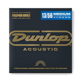 The image shows a package of Dunlop Acoustic Guitar Strings, Phosphor Bronze, Medium gauge (13-56). The set includes gauges 13, 17, 26, 36, 46, and 56. The packaging features Dunlop’s gold logo on a dark background with a blue panel displaying the gauge info. Marketed as "True Balance," these precision-engineered strings offer warm tone, volume, and feel, suitable for various playing styles.