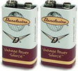 The image shows two identical Danelectro 9-volt batteries with vintage-style branding. Labeled "Vintage Power Source," they feature a mint green and burgundy retro design. These specialized batteries are designed for musical instruments like electric guitars and effects pedals, aligning with Danelectro’s nostalgic aesthetic and reputation for quality gear in the music industry.