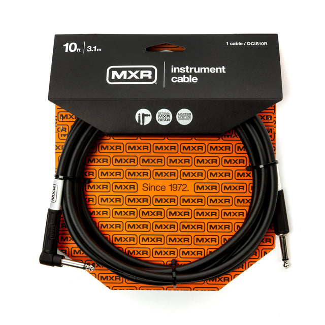 The image shows an MXR 10-foot (3.1m) DCIS10R instrument cable with a right-angle and straight 1/4" connectors. The packaging features MXR's orange and black branding, repeated logos, and mentions "Since 1972" and a "Limited Lifetime Warranty." This professional-grade cable is designed for electric guitars, basses, and audio equipment, offering reliable connection and durability favored by musicians.