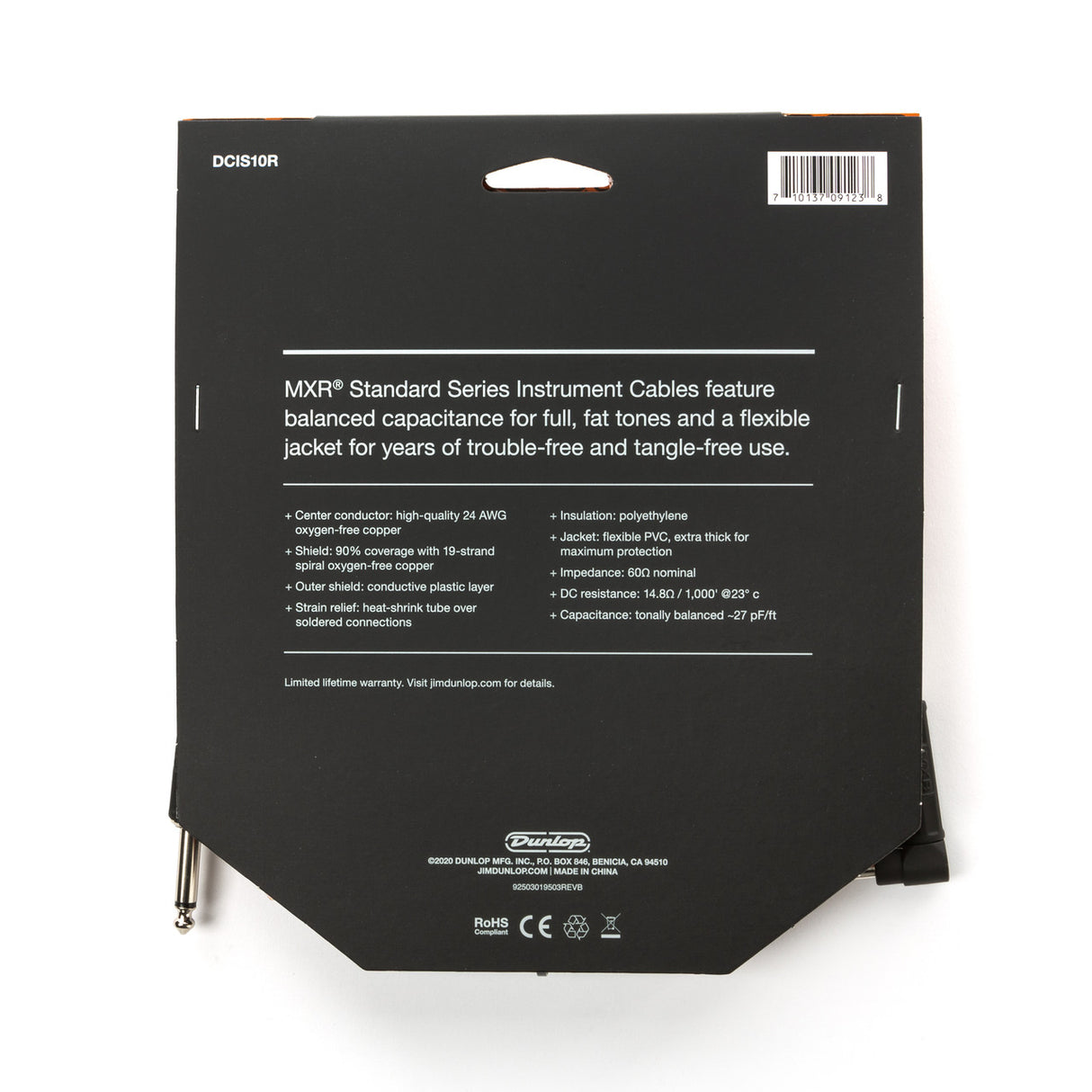 The image shows the back packaging of an MXR Standard Series Instrument Cable (model DCIS10R), a 10-foot guitar/instrument cable with a right-angle connector. Key features include a balanced capacitance design, 24 AWG oxygen-free copper conductor, 90% shield coverage, polyethylene insulation, flexible PVC jacket, and heat-shrink strain relief. Made by Dunlop, it offers durability, tangle-free use, and a limited lifetime warranty.