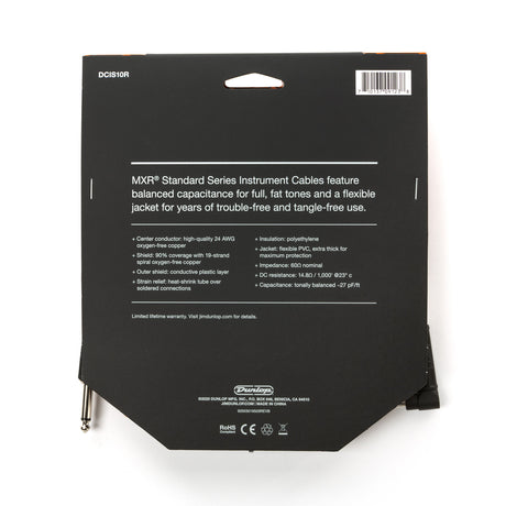 The image shows the back packaging of an MXR Standard Series Instrument Cable (model DCIS10R), a 10-foot guitar/instrument cable with a right-angle connector. Key features include a balanced capacitance design, 24 AWG oxygen-free copper conductor, 90% shield coverage, polyethylene insulation, flexible PVC jacket, and heat-shrink strain relief. Made by Dunlop, it offers durability, tangle-free use, and a limited lifetime warranty.