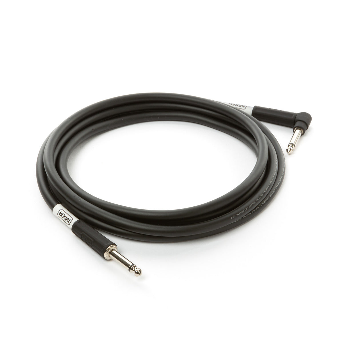 The image shows a black coiled instrument cable with 1/4" (6.35mm) phone plug connectors: one straight and one right-angle. Commonly used for connecting guitars, basses, effects pedals, and audio equipment, the right-angle plug helps reduce strain in tight spaces. This professional-grade cable ensures good signal quality and minimal noise, essential for musicians and audio enthusiasts.