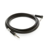 The image shows a black coiled instrument cable with 1/4" (6.35mm) phone plug connectors: one straight and one right-angle. Commonly used for connecting guitars, basses, effects pedals, and audio equipment, the right-angle plug helps reduce strain in tight spaces. This professional-grade cable ensures good signal quality and minimal noise, essential for musicians and audio enthusiasts.