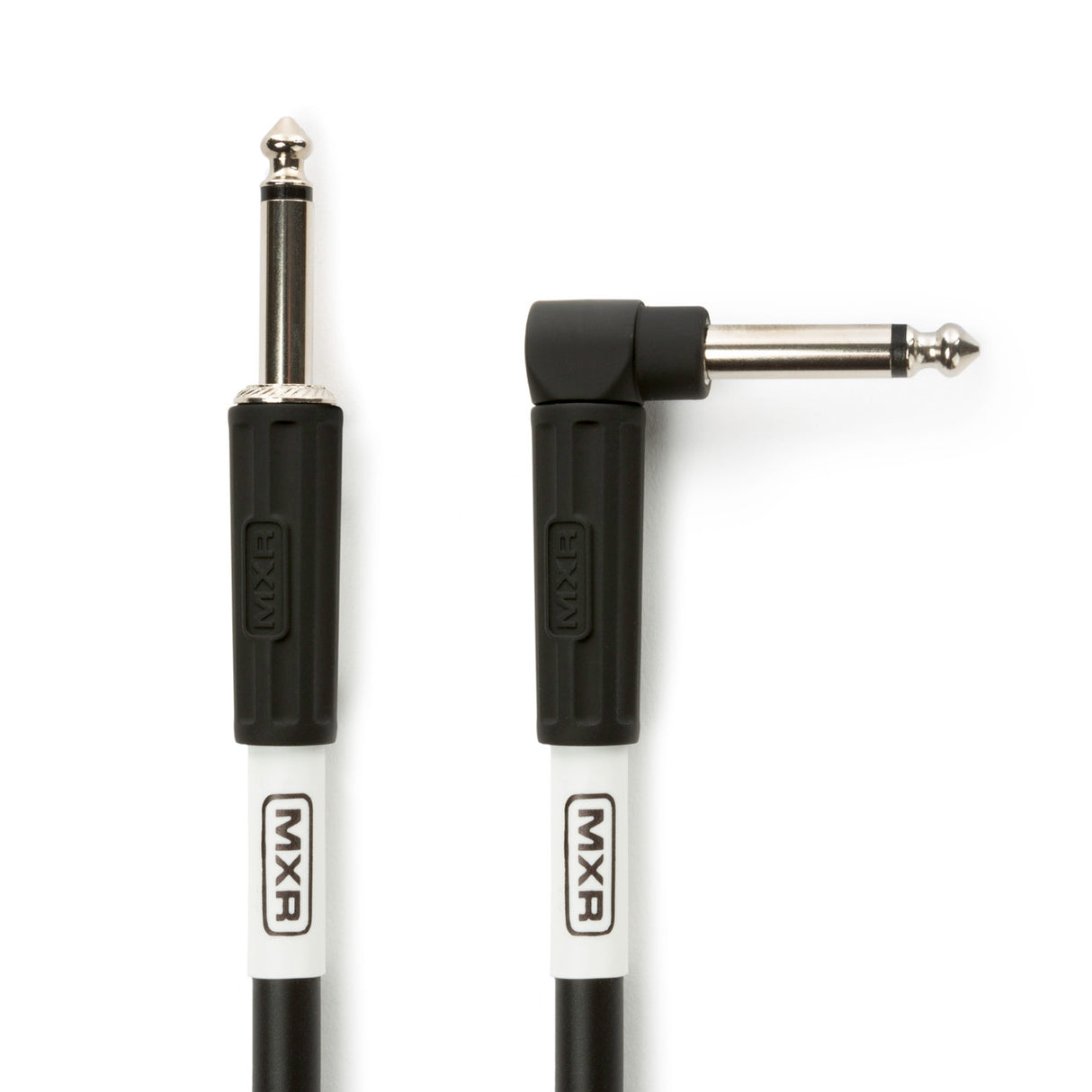 The image shows two white audio instrument cables with 1/4-inch TS connectors—one straight and one right-angle—used for electric guitars and other instruments. Both cables have black housings with visible "MXR" branding. The professional-grade metal connectors highlight quality construction. These versatile cables are ideal for connecting instruments to amps, pedals, or audio gear, accommodating tight spaces with the angled plug.