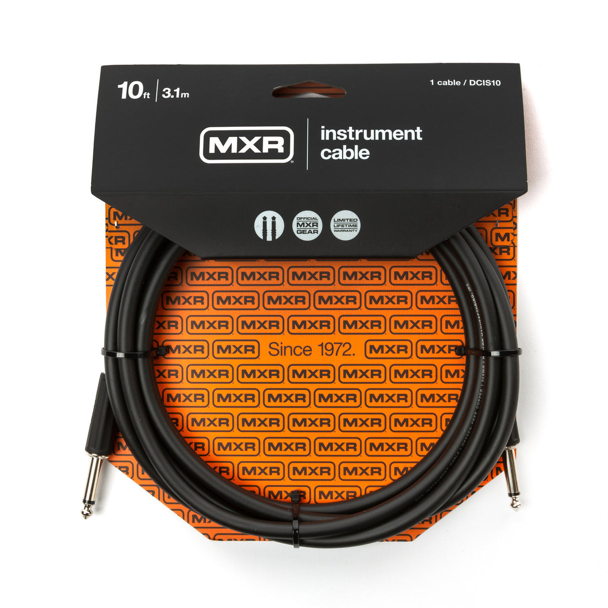 The image shows a 10-foot MXR instrument cable with black sheathing and two metal 1/4" jack plugs. The cable, model DCIS10, is in professional retail packaging featuring a black header card and orange/black branding. The packaging notes "Since 1972" and a limited lifetime warranty. MXR, known for guitar effects pedals, also produces quality cables for electric guitar and bass players.