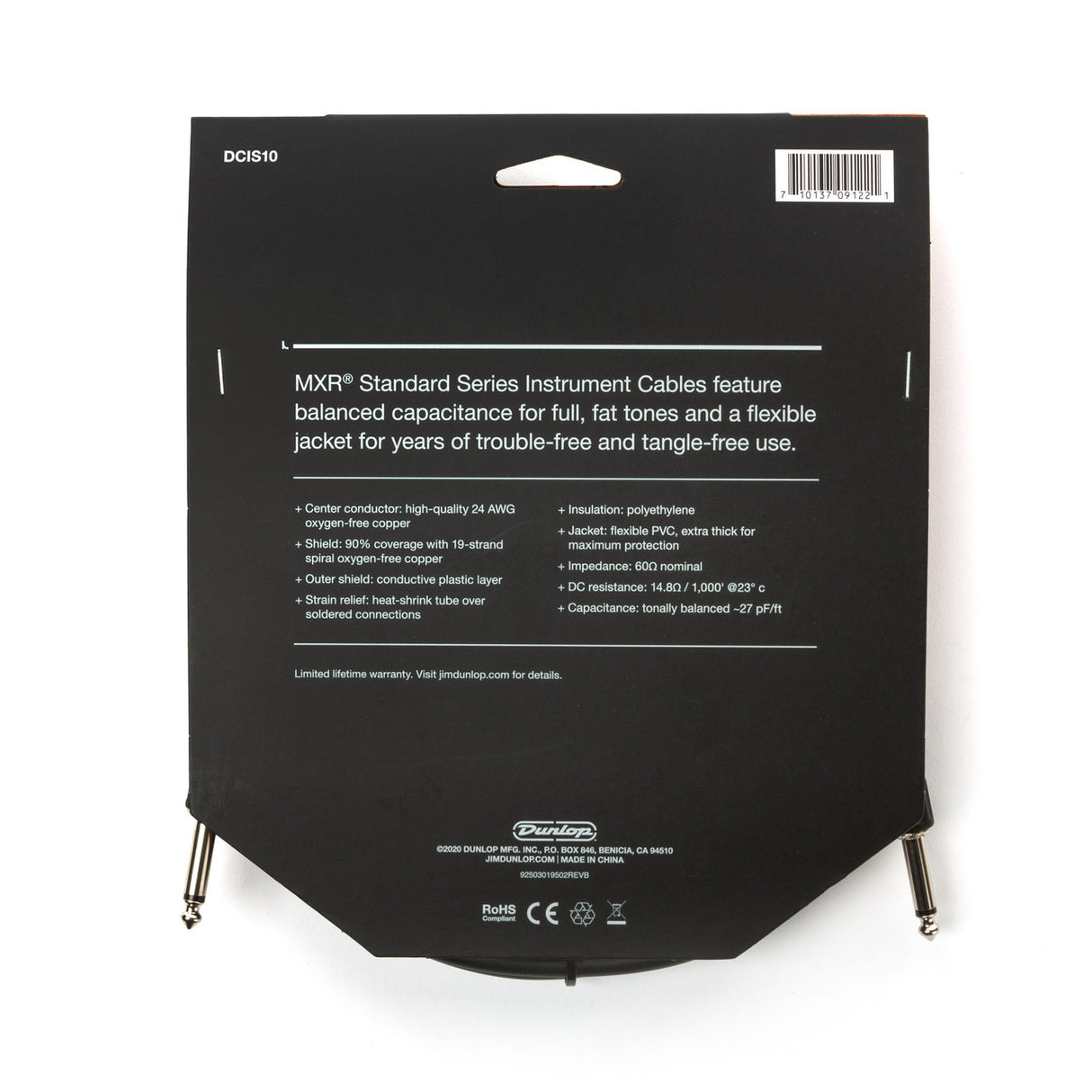 The image shows the back of the Dunlop MXR Standard Series Instrument Cable (model DCIS10) packaging. It highlights a 24 AWG oxygen-free copper conductor, 90% shield coverage, conductive plastic outer shield, heat-shrink strain relief, and a flexible PVC jacket. The cable has 1/4" plugs, 60Ω impedance, balanced capacitance, and offers durable, professional-grade performance with a limited lifetime warranty.