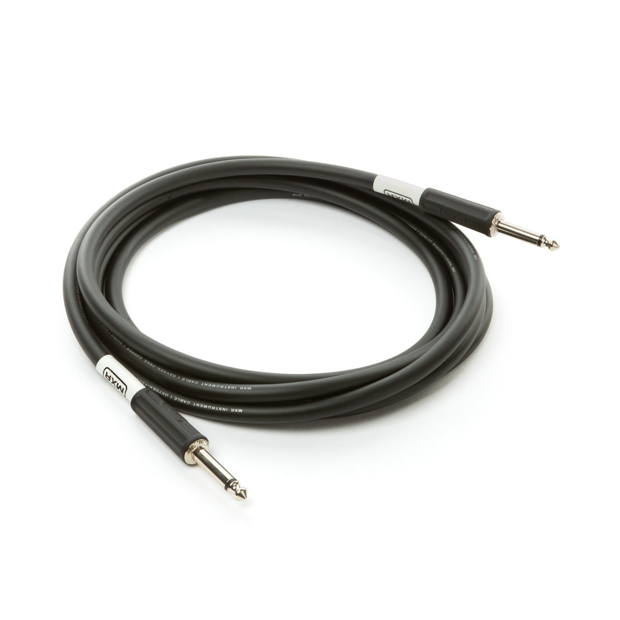 The image shows a professional-grade black instrument cable with thick jacketing and metal 1/4-inch TS or TRS connectors with black sleeves. It is coiled, suggesting a length of 10-20 feet, and has white band markings. This durable cable is used to connect guitars, keyboards, pedals, and other instruments to amplifiers or audio equipment in live or studio settings.