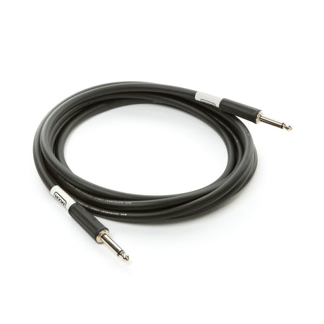 The image shows a professional-grade black instrument cable with thick jacketing and metal 1/4-inch TS or TRS connectors with black sleeves. It is coiled, suggesting a length of 10-20 feet, and has white band markings. This durable cable is used to connect guitars, keyboards, pedals, and other instruments to amplifiers or audio equipment in live or studio settings.