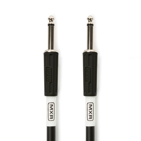 The image shows two white 1/4" TS instrument cables with chrome plugs and black housings featuring MXR branding. These high-quality cables, commonly used for guitars, basses, and keyboards, connect instruments to amps, pedals, and audio gear. MXR is a trusted brand known for professional audio accessories, indicating these cables are designed for reliable signal quality and durability.