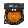 The image shows an MXR 15-foot (4.6m) black instrument cable in retail packaging. It features one straight and one right-angled 1/4" (6.35mm) plug, model DCIS15R. The packaging displays MXR’s orange and black colors, "Since 1972," and a Limited Lifetime Warranty. This cable connects instruments like guitars or keyboards to amps or audio gear, with the right-angled plug helping reduce strain on the instrument’s jack.