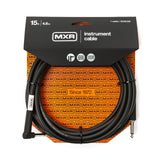 The image shows an MXR 15-foot (4.6m) black instrument cable in retail packaging. It features one straight and one right-angled 1/4" (6.35mm) plug, model DCIS15R. The packaging displays MXR’s orange and black colors, "Since 1972," and a Limited Lifetime Warranty. This cable connects instruments like guitars or keyboards to amps or audio gear, with the right-angled plug helping reduce strain on the instrument’s jack.
