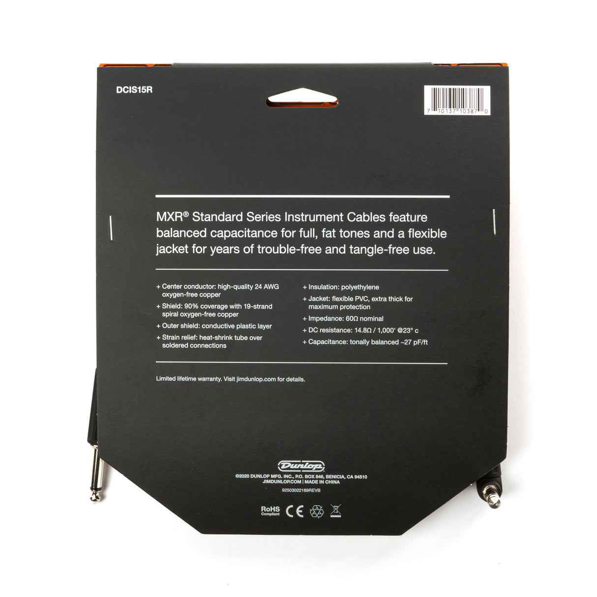 The image shows the back of packaging for an MXR Standard Series Instrument Cable, model DCIS15R. It highlights features like balanced capacitance for rich tone, 24 AWG oxygen-free copper conductor, 90% spiral copper shield, flexible PVC jacket, 600 ohm impedance, and -27 pF/ft capacitance. The 1/4" connectors are visible at the bottom corners, with the Dunlop logo below, indicating MXR’s parent company.