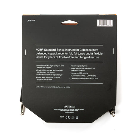 The image shows the back of packaging for an MXR Standard Series Instrument Cable, model DCIS15R. It highlights features like balanced capacitance for rich tone, 24 AWG oxygen-free copper conductor, 90% spiral copper shield, flexible PVC jacket, 600 ohm impedance, and -27 pF/ft capacitance. The 1/4" connectors are visible at the bottom corners, with the Dunlop logo below, indicating MXR’s parent company.