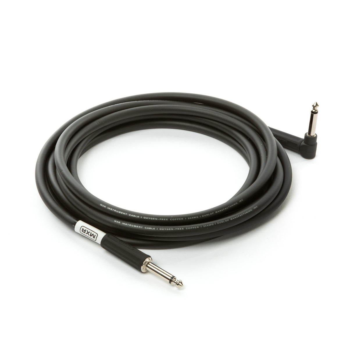 The image shows a coiled black guitar/instrument cable with 1/4" (6.35mm) phone plugs—one right-angle and one straight. Printed text reads "INSTRUMENT CABLE" and "OXYGEN-FREE COPPER," indicating high-quality audio use. The cable features MXR branding, a recognized manufacturer of guitar effects and audio gear. This cable connects electric instruments to amps, pedals, or interfaces.