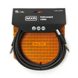 The image shows an MXR DCIS15 15-foot instrument cable with a black design, featuring a straight 1/4" plug on one end and a right-angle plug on the other. The packaging is black and orange with MXR branding, "Since 1972," and mentions "Official MXR Gear" and a limited lifetime warranty. This professional-grade cable is ideal for connecting guitars, basses, keyboards, and other instruments.