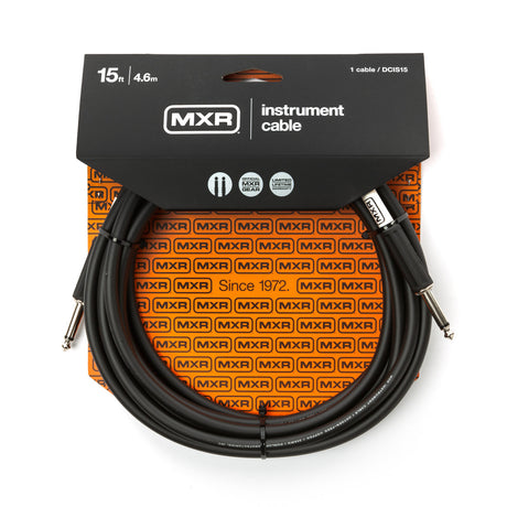 The image shows an MXR DCIS15 15-foot instrument cable with a black design, featuring a straight 1/4" plug on one end and a right-angle plug on the other. The packaging is black and orange with MXR branding, "Since 1972," and mentions "Official MXR Gear" and a limited lifetime warranty. This professional-grade cable is ideal for connecting guitars, basses, keyboards, and other instruments.