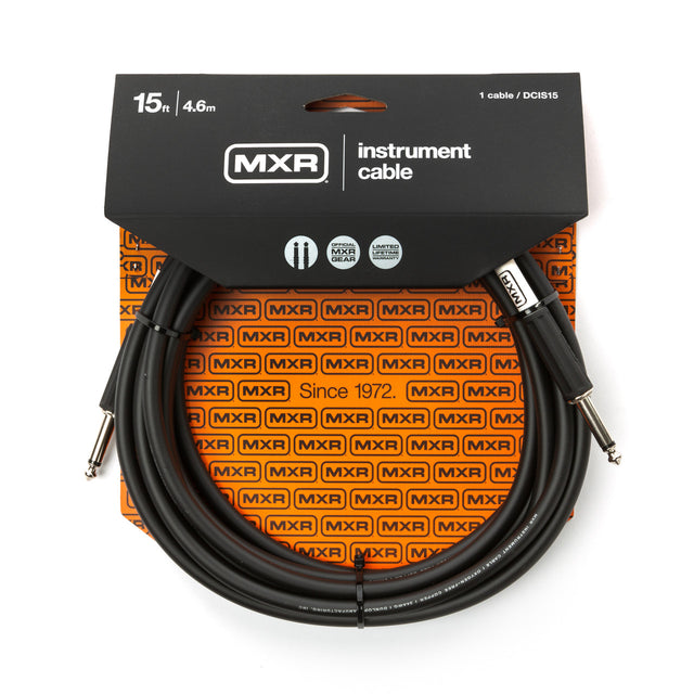 The image shows an MXR DCIS15 15-foot instrument cable with a black design, featuring a straight 1/4" plug on one end and a right-angle plug on the other. The packaging is black and orange with MXR branding, "Since 1972," and mentions "Official MXR Gear" and a limited lifetime warranty. This professional-grade cable is ideal for connecting guitars, basses, keyboards, and other instruments.