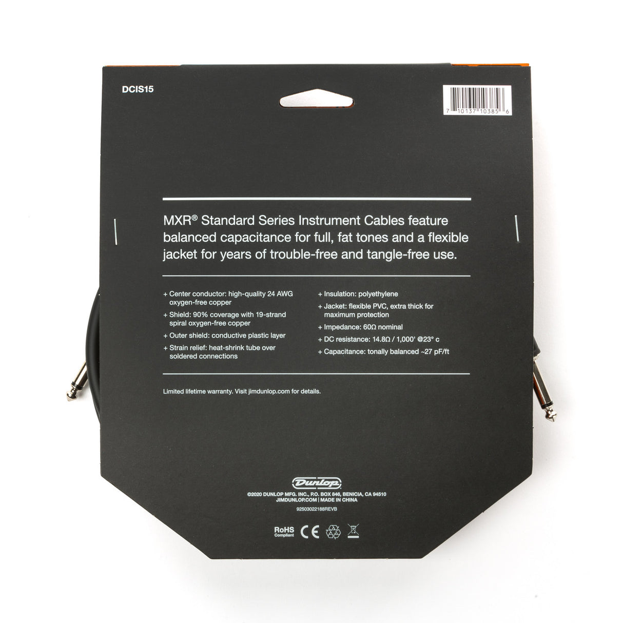 The image shows the back packaging of a Dunlop MXR Standard Series Instrument Cable (model DCIS15), a guitar/instrument cable with 24 AWG oxygen-free copper conductor, 90% shield coverage, polyethylene insulation, and a flexible PVC jacket. It features heat-shrink tubing for strain relief, a conductive plastic shield, and thick jacket for durability. It has 1/4" phone plugs and is designed for reliable, tangle-free use by musicians.
