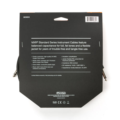 The image shows the back packaging of a Dunlop MXR Standard Series Instrument Cable (model DCIS15), a guitar/instrument cable with 24 AWG oxygen-free copper conductor, 90% shield coverage, polyethylene insulation, and a flexible PVC jacket. It features heat-shrink tubing for strain relief, a conductive plastic shield, and thick jacket for durability. It has 1/4" phone plugs and is designed for reliable, tangle-free use by musicians.