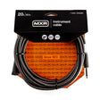 The image shows an MXR 20-foot (6.1m) instrument cable with black right-angled 1/4" connectors on both ends. The coiled cable is packaged on an orange backing card featuring MXR branding, "Official MXR Gear," a "Limited Lifetime Warranty," and "Since 1972." Designed for electric guitars, basses, and other instruments, the right-angled connectors help reduce strain and provide a low-profile connection. Model DCIS20R.