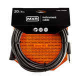 The image shows an MXR 20-foot (6.1m) instrument cable with black right-angled 1/4" connectors on both ends. The coiled cable is packaged on an orange backing card featuring MXR branding, "Official MXR Gear," a "Limited Lifetime Warranty," and "Since 1972." Designed for electric guitars, basses, and other instruments, the right-angled connectors help reduce strain and provide a low-profile connection. Model DCIS20R.