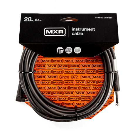 The image shows an MXR 20-foot (6.1m) instrument cable with black right-angled 1/4" connectors on both ends. The coiled cable is packaged on an orange backing card featuring MXR branding, "Official MXR Gear," a "Limited Lifetime Warranty," and "Since 1972." Designed for electric guitars, basses, and other instruments, the right-angled connectors help reduce strain and provide a low-profile connection. Model DCIS20R.