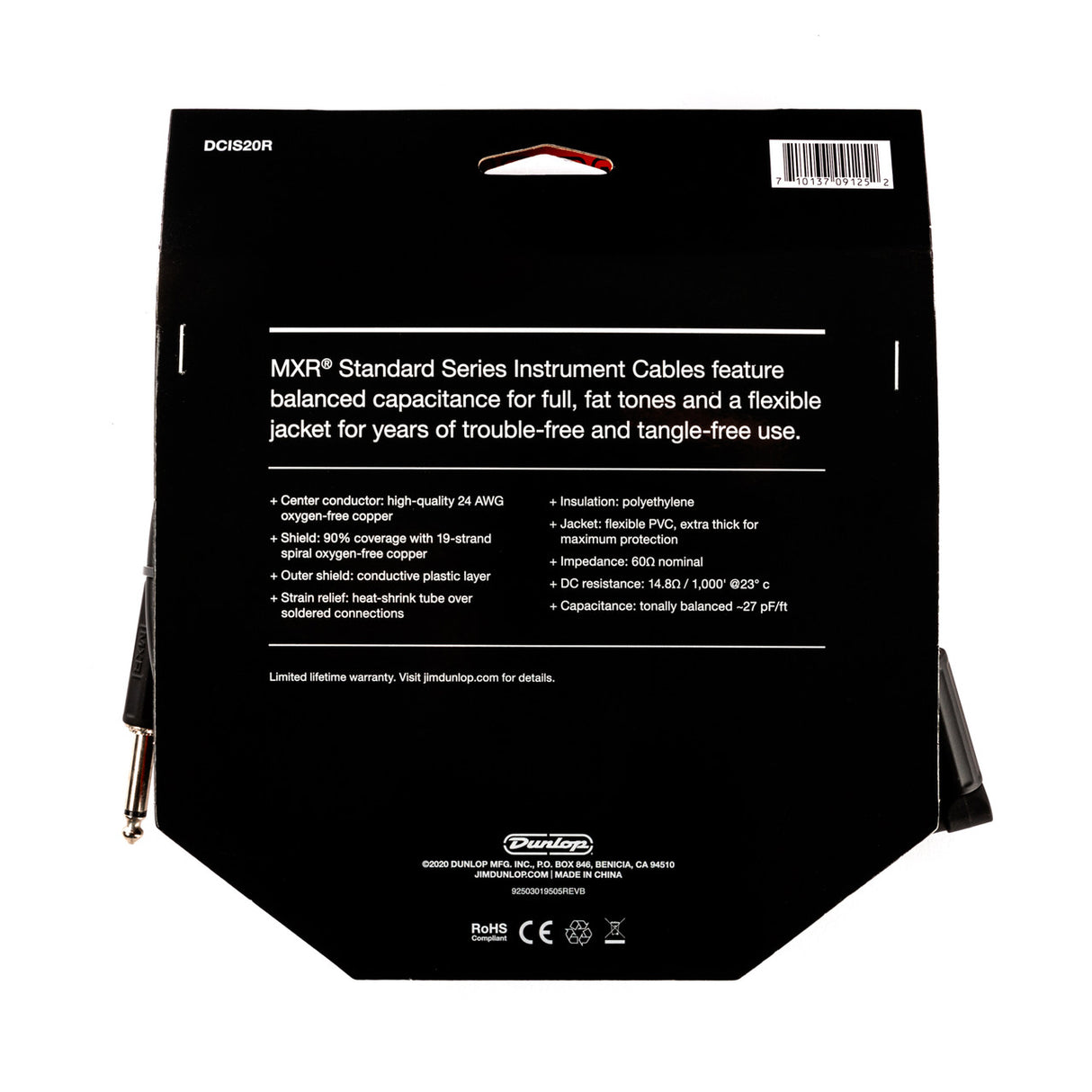 The image shows the back packaging of an MXR Standard Series Instrument Cable (model DCIS20R) by Dunlop MXR. It highlights key specs like a 24 AWG oxygen-free copper conductor, 90% shield coverage with a 19-strand spiral copper shield, conductive plastic outer shield, heat-shrink strain relief, flexible PVC jacket, 600Ω impedance, and balanced capacitance (-27 pF/ft). The cable offers durability, tangle resistance, and tonal clarity, ideal for guitars, basses, and effects.