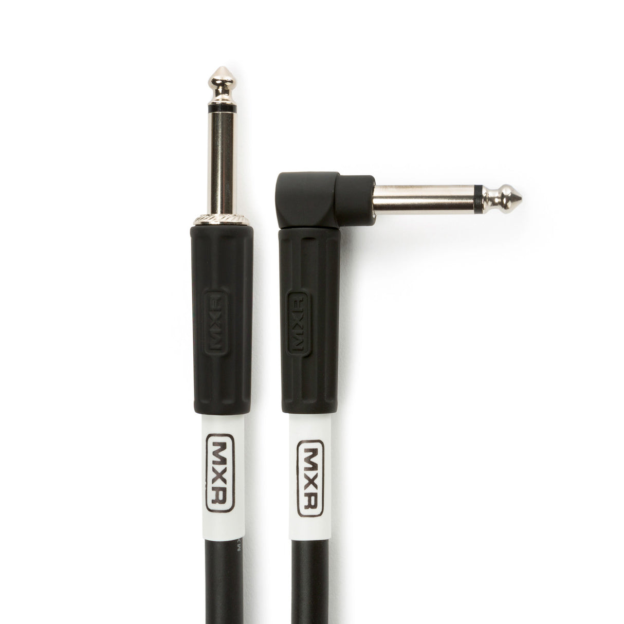 The image shows two MXR professional instrument cables with 1/4" plugs. One cable has straight connectors on both ends, while the other has a straight and a right-angle connector. Both cables have black jackets with white MXR branding and metal tips. The right-angle plug helps reduce stress in tight spaces, ideal for electric guitars, basses, keyboards, and other electronic instruments.