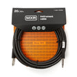 The image shows an MXR 20-foot (6.1m) black instrument cable (model DC1820) with 1/4" TS connectors on both ends. It features professional retail packaging with a black header, orange background patterned with MXR logos, "Since 1972" branding, and certification badges including a limited lifetime warranty. This cable connects electric guitars, basses, and other instruments to amps or pedals, offering reliable performance for musicians.