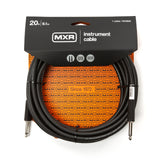The image shows an MXR 20-foot (6.1m) black instrument cable (model DC1820) with 1/4" TS connectors on both ends. It features professional retail packaging with a black header, orange background patterned with MXR logos, "Since 1972" branding, and certification badges including a limited lifetime warranty. This cable connects electric guitars, basses, and other instruments to amps or pedals, offering reliable performance for musicians.