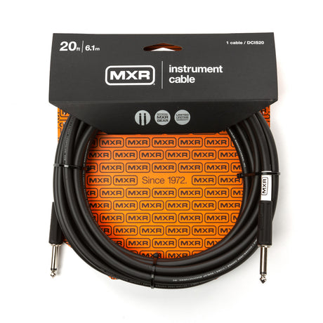 The image shows an MXR 20-foot (6.1m) black instrument cable (model DC1820) with 1/4" TS connectors on both ends. It features professional retail packaging with a black header, orange background patterned with MXR logos, "Since 1972" branding, and certification badges including a limited lifetime warranty. This cable connects electric guitars, basses, and other instruments to amps or pedals, offering reliable performance for musicians.