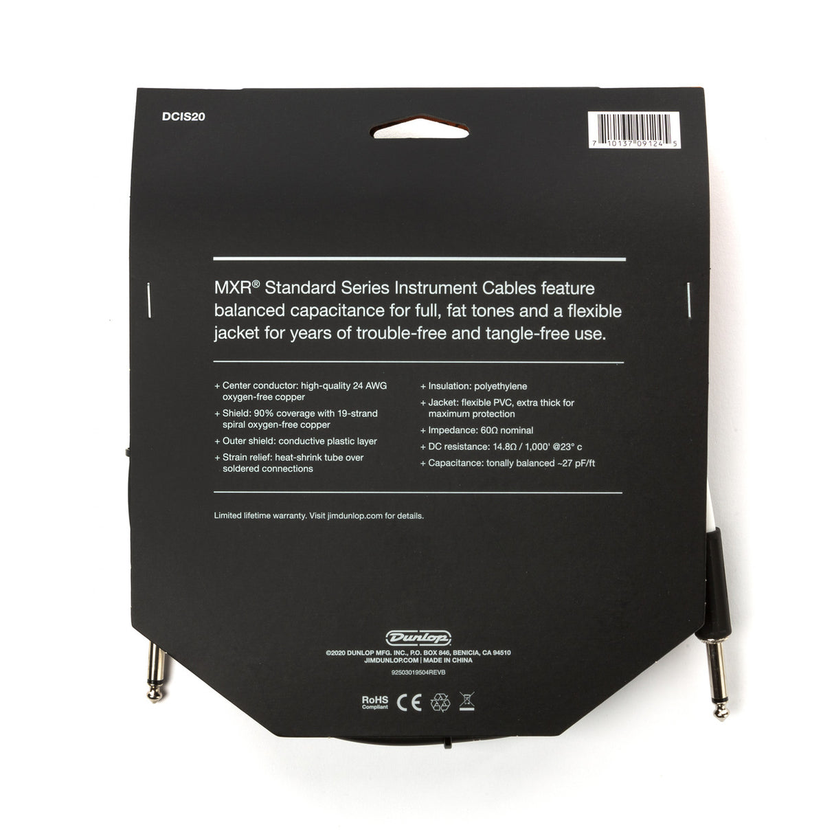 The image shows the packaging for an MXR Standard Series Instrument Cable (model DCIS20) by Dunlop Manufacturing. It features a 24 AWG oxygen-free copper conductor, 90% shield coverage with 19-strand spiral copper, balanced capacitance for rich tones, and a flexible PVC jacket. The cable has standard 1/4" plugs on both ends and is designed for reliable, high-quality signal transmission for guitars and other electronic instruments.