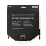 The image shows the packaging for an MXR Standard Series Instrument Cable (model DCIS20) by Dunlop Manufacturing. It features a 24 AWG oxygen-free copper conductor, 90% shield coverage with 19-strand spiral copper, balanced capacitance for rich tones, and a flexible PVC jacket. The cable has standard 1/4" plugs on both ends and is designed for reliable, high-quality signal transmission for guitars and other electronic instruments.