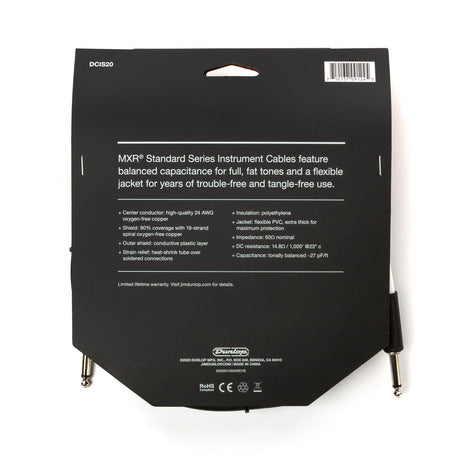 The image shows the packaging for an MXR Standard Series Instrument Cable (model DCIS20) by Dunlop Manufacturing. It features a 24 AWG oxygen-free copper conductor, 90% shield coverage with 19-strand spiral copper, balanced capacitance for rich tones, and a flexible PVC jacket. The cable has standard 1/4" plugs on both ends and is designed for reliable, high-quality signal transmission for guitars and other electronic instruments.
