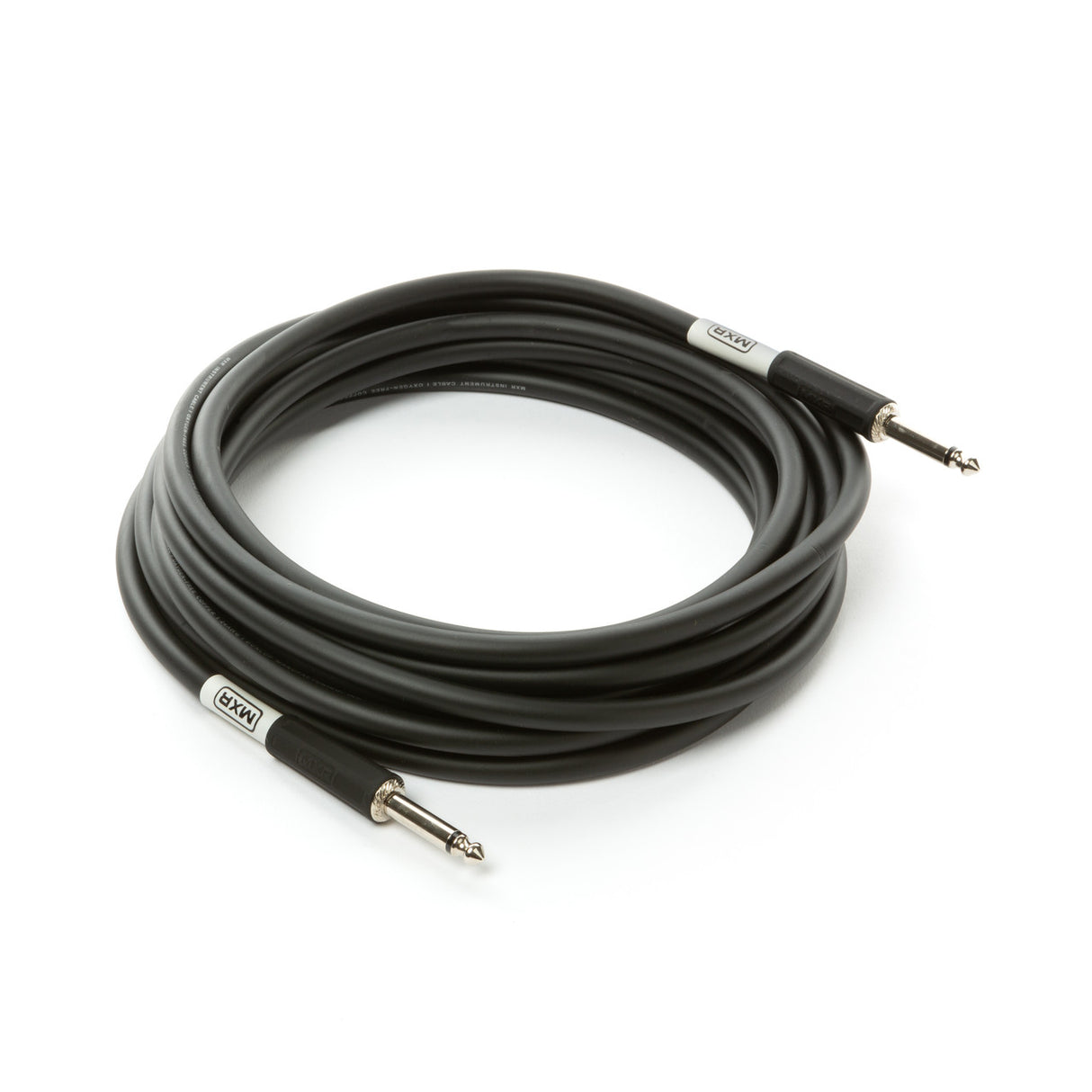 The image shows a coiled black musical instrument cable with 1/4-inch TS or TRS connectors on both ends. White sleeves near the plugs display the "MXR" brand name. This professional-quality cable is used to connect electric guitars, basses, keyboards, and other instruments to amplifiers, pedals, or audio interfaces for live sound, recording, or practice.