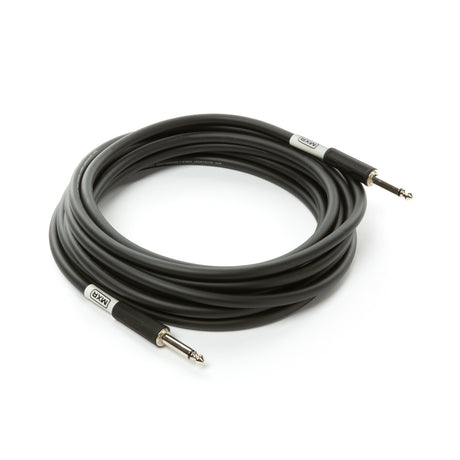 The image shows a coiled black musical instrument cable with 1/4-inch TS or TRS connectors on both ends. White sleeves near the plugs display the "MXR" brand name. This professional-quality cable is used to connect electric guitars, basses, keyboards, and other instruments to amplifiers, pedals, or audio interfaces for live sound, recording, or practice.
