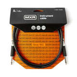 The image shows a 5-foot (1.5 m) MXR instrument cable with black exterior and 1/4" plugs on both ends. It is packaged in MXR’s distinctive black header card with bright orange backing featuring the "MXR" logo and "Since 1972" text. The packaging notes an official MXR product with a limited lifetime warranty, commonly used to connect guitars, basses, keyboards, and other instruments to amps or pedals.