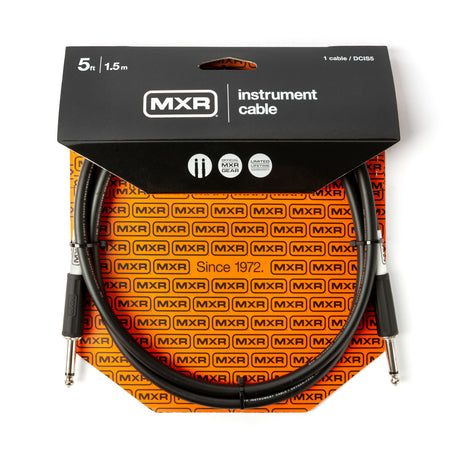 The image shows a 5-foot (1.5 m) MXR instrument cable with black exterior and 1/4" plugs on both ends. It is packaged in MXR’s distinctive black header card with bright orange backing featuring the "MXR" logo and "Since 1972" text. The packaging notes an official MXR product with a limited lifetime warranty, commonly used to connect guitars, basses, keyboards, and other instruments to amps or pedals.