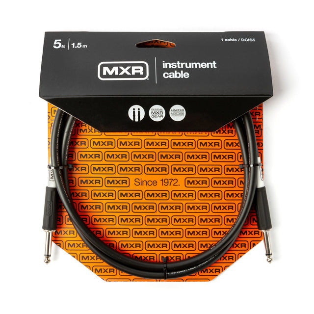 The image shows a 5-foot (1.5 m) MXR instrument cable with black exterior and 1/4" plugs on both ends. It is packaged in MXR’s distinctive black header card with bright orange backing featuring the "MXR" logo and "Since 1972" text. The packaging notes an official MXR product with a limited lifetime warranty, commonly used to connect guitars, basses, keyboards, and other instruments to amps or pedals.