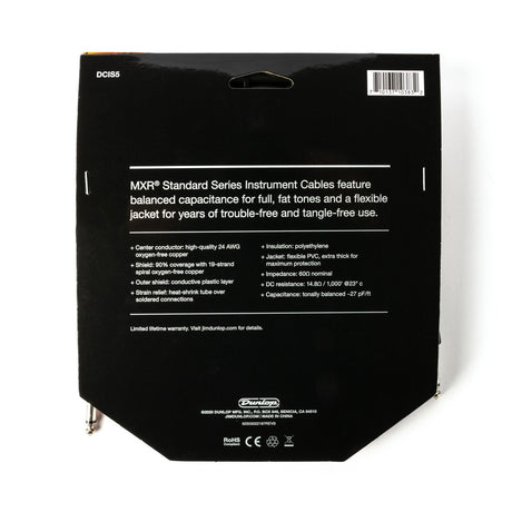 The image shows the back packaging of an MXR Standard Series Instrument Cable by Dunlop. It highlights features like a 24 AWG oxygen-free copper conductor, 90% shield coverage with spiral copper, conductive plastic outer shield, heat-shrink strain relief, flexible PVC jacket, 600 ohm impedance, and balanced capacitance for tone preservation. Designed for durability and full, fat tones, it’s ideal for electric guitarists and musicians connecting instruments to audio gear.