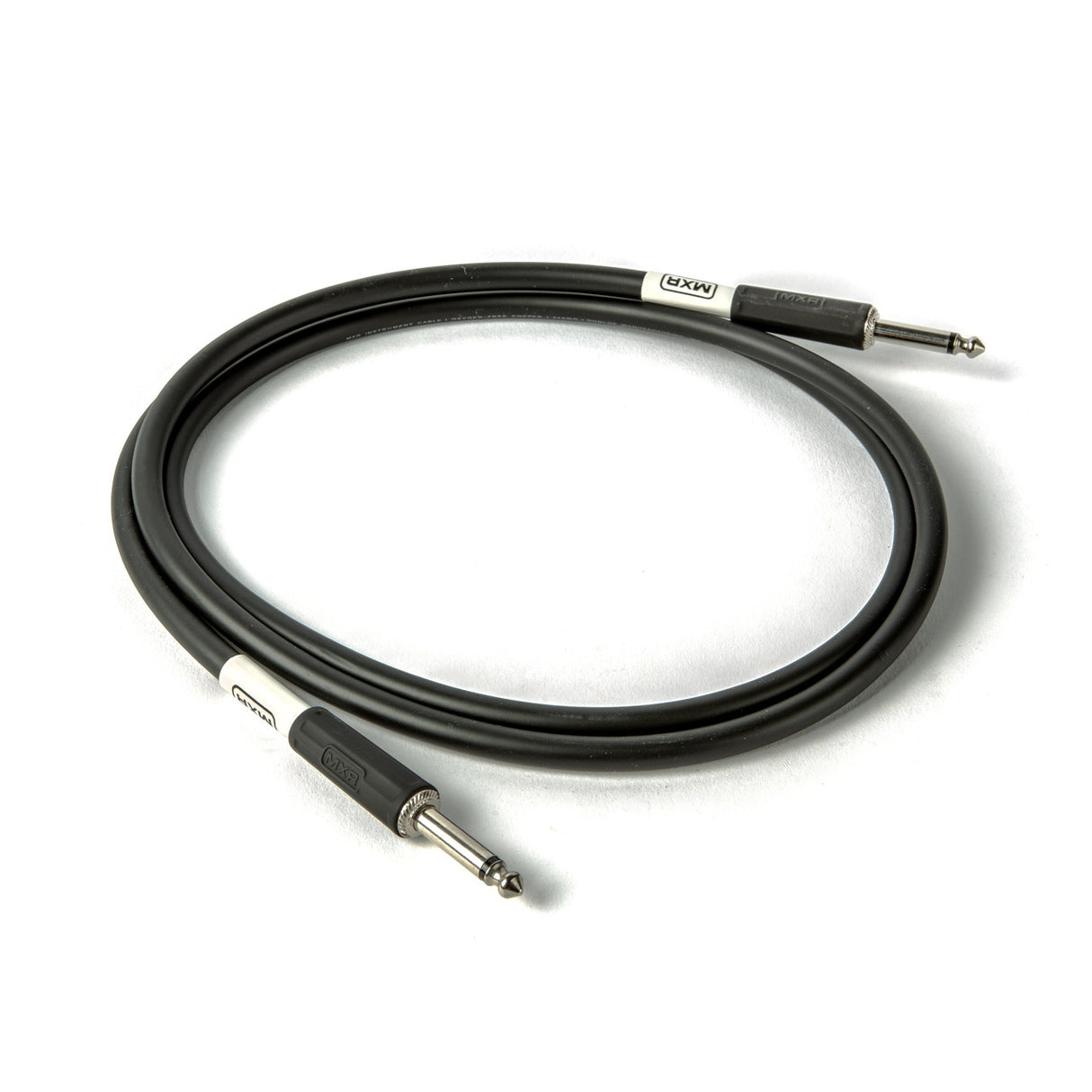 The image shows a professional black audio instrument cable with two 1/4" TS/TRS nickel-plated connectors featuring white branded sleeves. Designed for electric guitars, basses, keyboards, and other instruments, it offers durable construction and reliable signal transmission. The coiled cable is likely 10-20 feet long, suitable for stage and studio use.