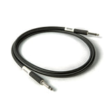 The image shows a professional black audio instrument cable with two 1/4" TS/TRS nickel-plated connectors featuring white branded sleeves. Designed for electric guitars, basses, keyboards, and other instruments, it offers durable construction and reliable signal transmission. The coiled cable is likely 10-20 feet long, suitable for stage and studio use.