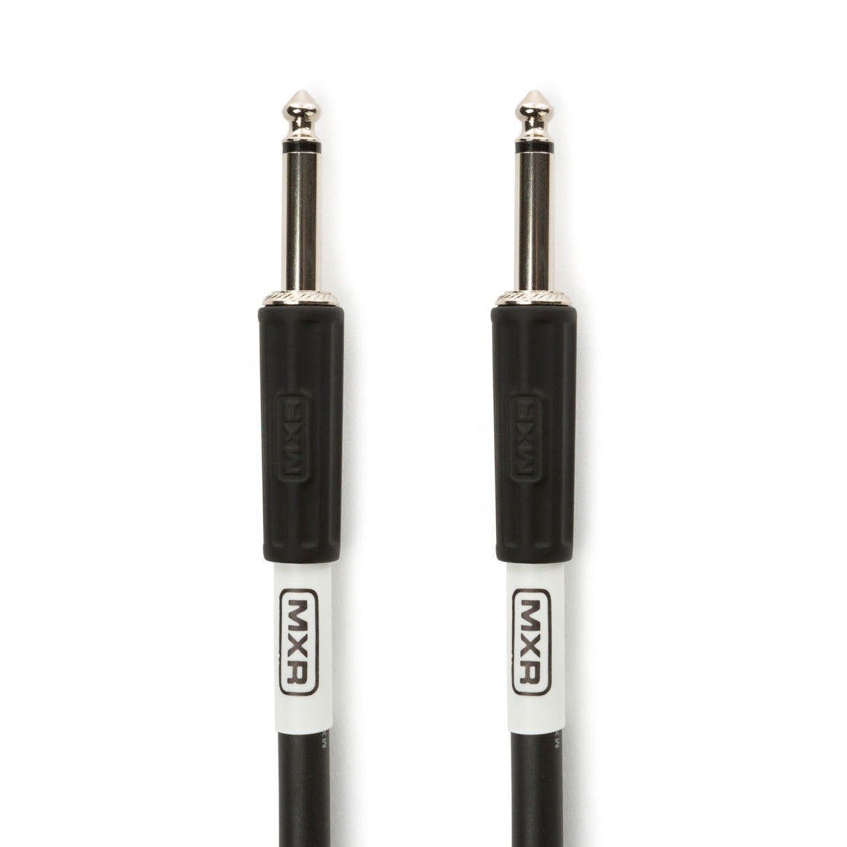 The image shows two identical black instrument cables with 1/4 inch (6.35mm) TS mono straight plugs, featuring white sections with "MXR" branding. Commonly used for electric guitars, basses, keyboards, and other electronic instruments, these cables connect instruments to amps, pedals, or audio equipment. The MXR logo indicates they are from the well-known music gear manufacturer.