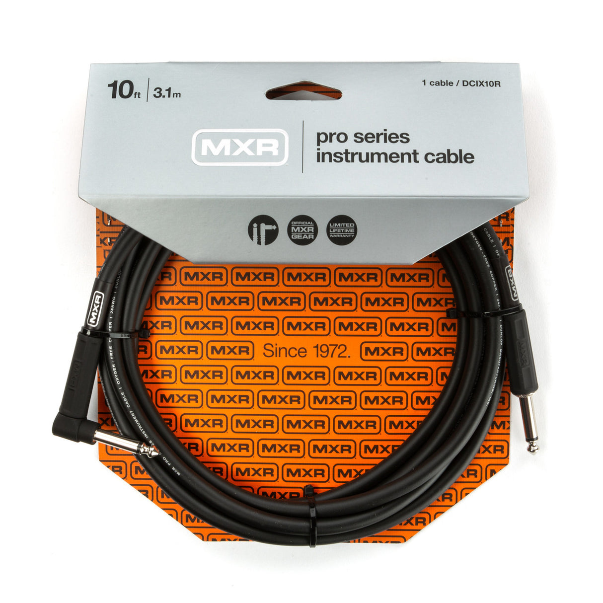 The image shows an MXR Pro Series 10-foot (3.1m) black instrument cable in retail packaging. It features 1/4" (6.35mm) phone plugs—one straight, one right-angled. The packaging displays the MXR logo, "Pro Series" label, model DCIX10R, length, "Since 1972" text, an orange and black branded backing card, and certification badges indicating official MXR gear and warranty information.