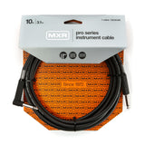 The image shows an MXR Pro Series 10-foot (3.1m) black instrument cable in retail packaging. It features 1/4" (6.35mm) phone plugs—one straight, one right-angled. The packaging displays the MXR logo, "Pro Series" label, model DCIX10R, length, "Since 1972" text, an orange and black branded backing card, and certification badges indicating official MXR gear and warranty information.
