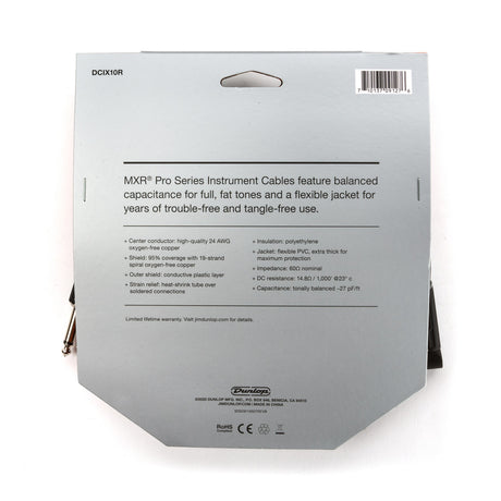 The image shows the back packaging of a Dunlop MXR Pro Series instrument cable (model DCIX10R). It highlights features like a 24 AWG oxygen-free copper conductor, 95% shield coverage with spiral copper, conductive plastic outer shield, flexible PVC jacket, and heat-shrink strain relief. The cable offers balanced capacitance, 600 ohm impedance, low DC resistance, polyethylene insulation, and professional 1/4" connectors for reliable, high-quality instrument signal transmission.