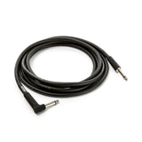 The image shows a coiled black guitar/instrument cable with 1/4" (6.35mm) plugs. One end has a straight connector, and the other has a right-angle plug, commonly used to connect electric guitars, basses, or keyboards to amplifiers or pedals. The right-angle end reduces strain on the instrument jack. The cable appears professional-quality, designed to maintain signal integrity and minimize noise.